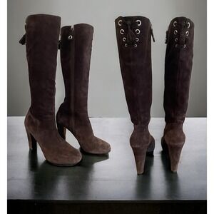 The Original Car Shoe Brown Suede Heeled Knee High‎ Boots Laceup Back 38 / 8